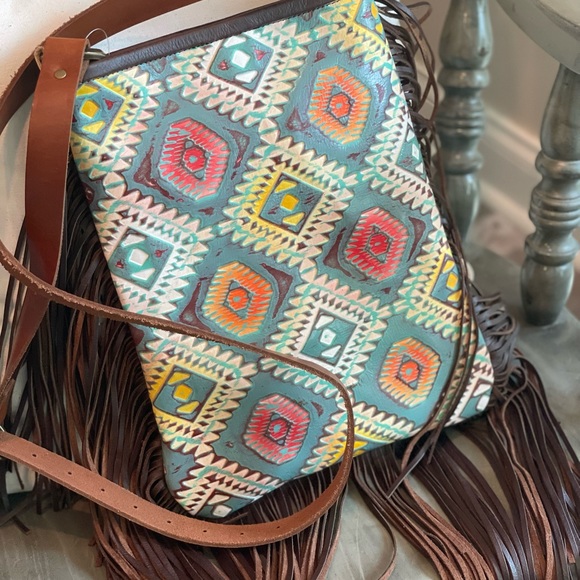 Aztec print with fringe crossbody purse with adj strap leather USA made - Picture 9 of 14